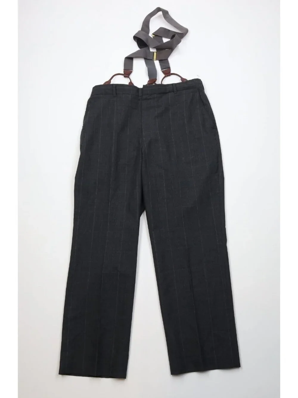 Vintage 70s Mens 46R 2 Piece Wool Suit Wide Leg Gray Plaid Suspenders 34x29 USA